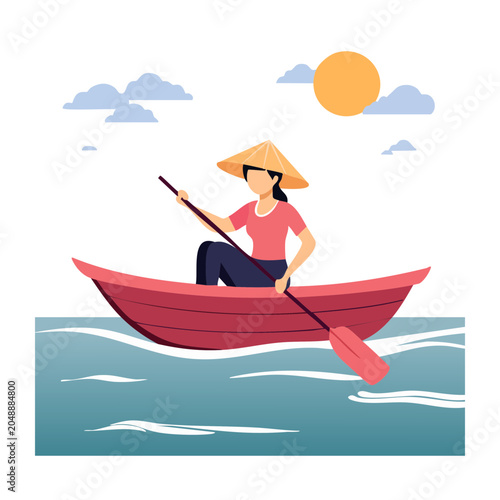 Woman rowing a boat on water under the sun