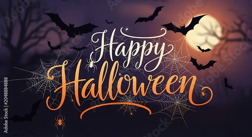 Happy halloween typography with bats and spiders festive holiday design