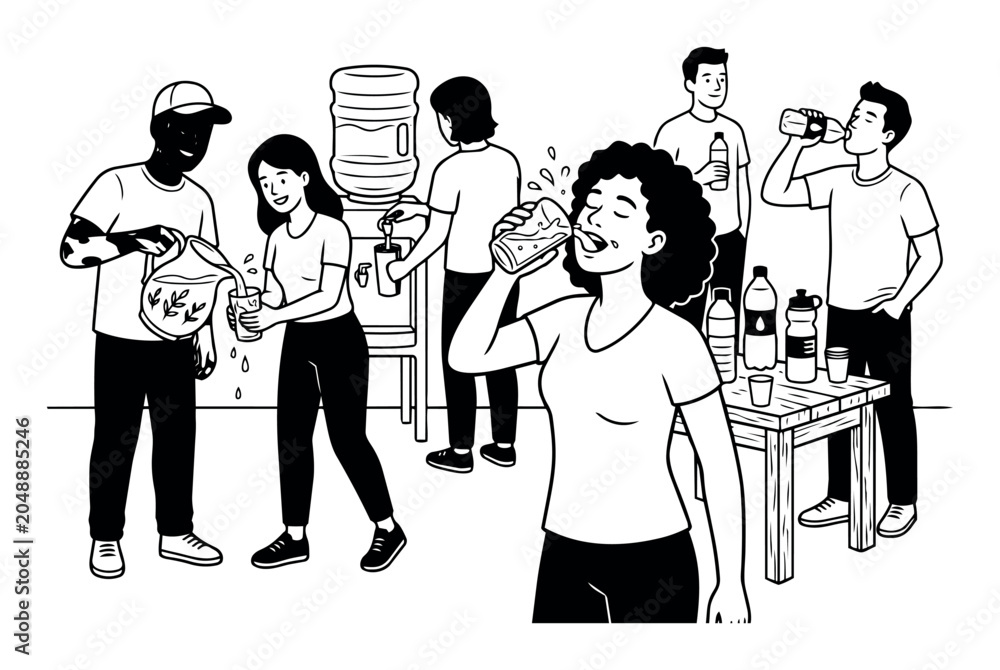 Obraz premium Diverse people hydrating with various types of water and beverages, getting refreshment at a busy community gathering or event