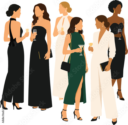 Elegant Gathering of Diverse Women: A stylish group of women in formal attire, each holding a glass of champagne, mingles and socializes at an exclusive event.