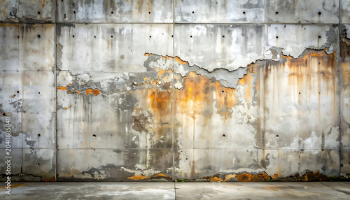 weathered concrete wall texture with peeling paint and rust stains, industrial grunge background