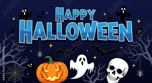 Happy halloween illustration spooky bats ghost pumpkin and skull design