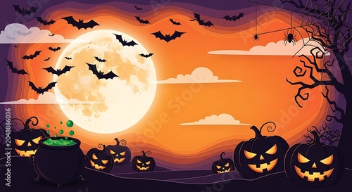 Spooky halloween night scene with jack o' lanterns bats and full moon