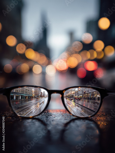 Clear urban street view through eyeglasses with blurred city lights background