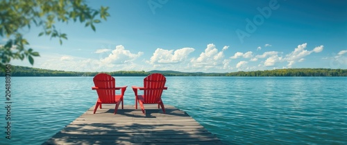 Two red Adirondack chairs on a wooden jetty by a quiet lake mirroring the summer sky