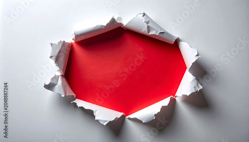 Torn paper with jagged ripped edges revealing bright red background, abstract explosion shape, creative blank space for copy