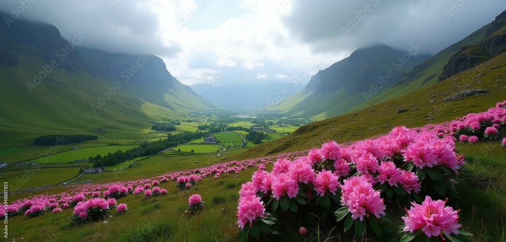 Fototapeta premium Pink rhododendron flowers bloom on grassy mountain slope overlooking green valley with scattered homes and farms. Majestic hills rise under partly cloudy sky, creating scenic natural landscape.