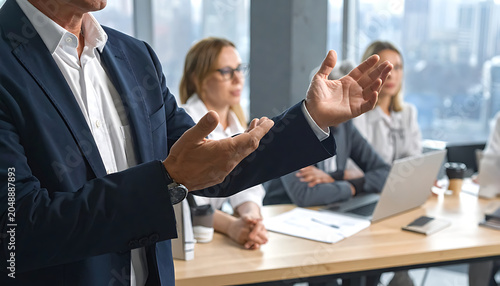 Business leader gesturing during a meeting, explaining strategy, colleagues listening attentively in a modern office setting.
