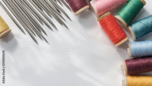 Sewing needles and colorful spools arranged on white surface with natural shadow depth and copy space