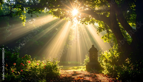 Sunlight streams through lush green trees and foliage, illuminating a garden path with a vintage lantern, creating a serene and magical atmosphere, natural beauty, peaceful morning light