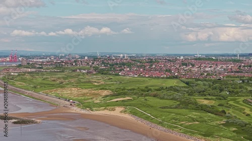 Aerial view of the sandy Leasowe beach and coastline, Wirral, Merseyside, England