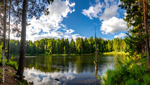 Panoramic view of a tranquil forest lake surrounded by lush green trees under a bright blue sky with fluffy white clouds, daytime nature scene.