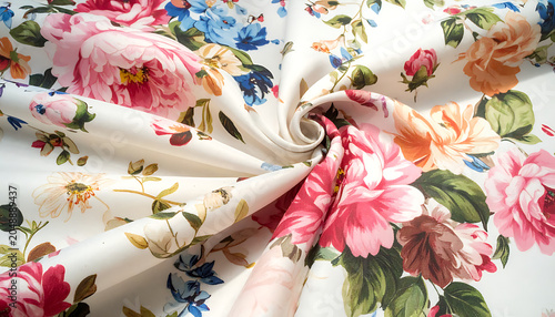 Vibrant floral pattern on white fabric, detailed roses and blossoms, gentle swirling textile, ideal for home decor or fashion
