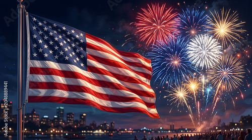 American flag, fireworks display, patriotic celebration, 4th of July