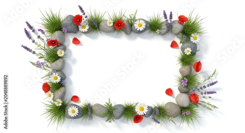 A white background frames a decorative border of natural elements. The border consists of green grass, lavender flowers, red poppies, white daisies, and gray stones.