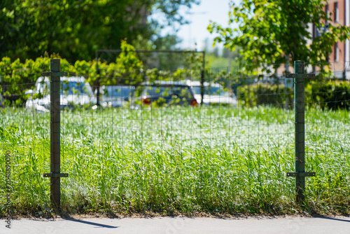 Schilderij op canvas Wire mesh fence structure guarding overgrown grass lot in city neighborhood, rea