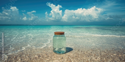 Empowering beach landscape displaying glass jar on shore with crystal clear water and cloud cover