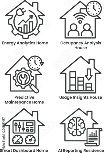 Data analytics house icons collection showing energy usage occupancy analysis predictive maintenance and smart dashboard solutions.
