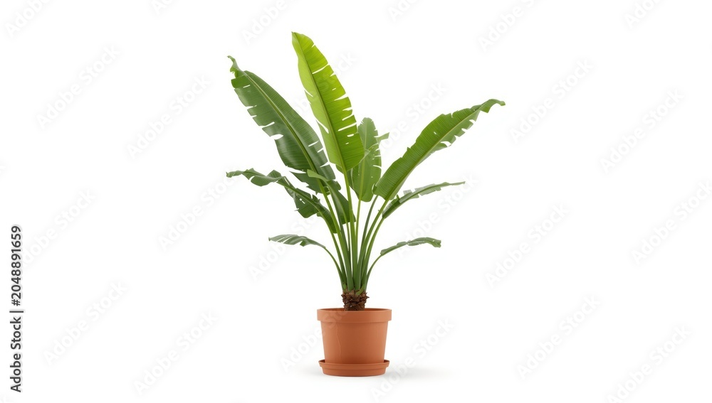 Fototapeta premium potted banana houseplant standing isolated on white evenly lit background