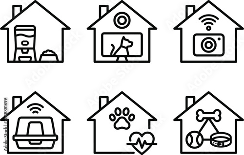 Pet care smart home icons set with automatic feeder camera monitoring litter box tracking and animal health residence systems.