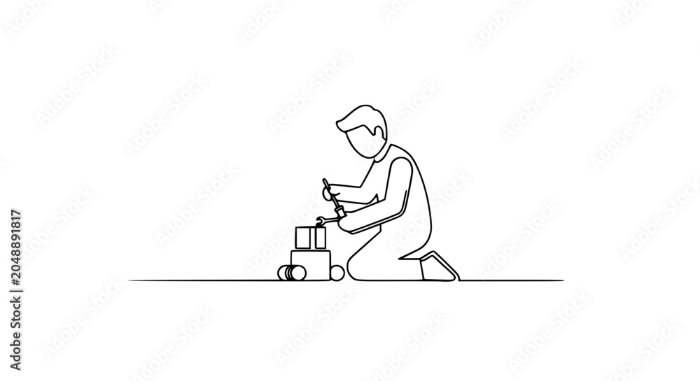 Fototapeta premium Single Line Drawing of a Person Kneeling and Assembling a Gift Box with Ribbon