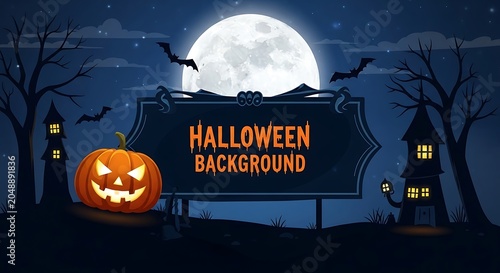 Spooky halloween night scene with jack o' lantern and haunted house