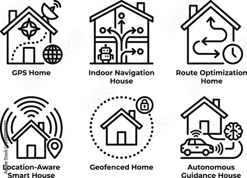 Smart home navigation icons set including indoor tracking house route optimization and location aware residence security system.