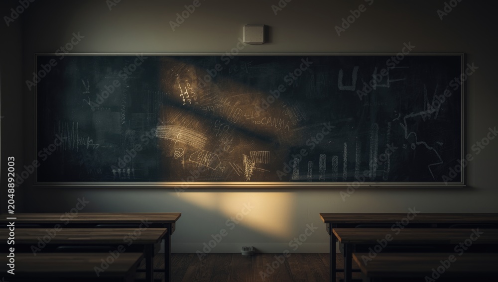 Naklejka premium Learning room blackboard aglow from window light featuring copy space for school notices