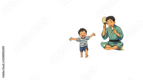 Mother teaching toddler to use a phone with a big smile in a cozy indoor setting Vector