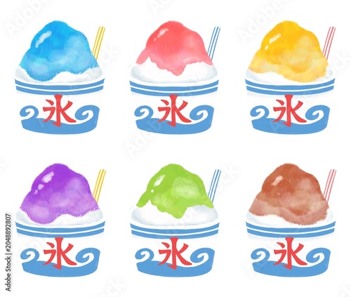 夏祭りのかき氷イラストセット　お祭り　装飾　縁日　屋台　シンプル　かわいい　夏　カキ氷　氷　食べ物　デザート