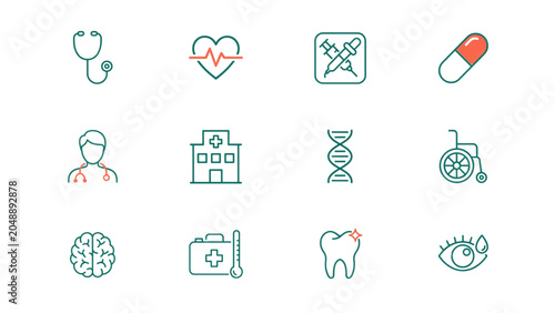 Set of colorful medical and healthcare icons including doctor, pills, heart, and hospital Vector