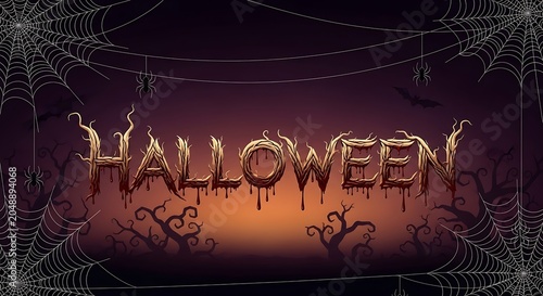 Halloween typography with spooky web bats and trees festive october design