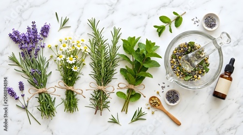 Herbal Medicine Flat Lay with Lavender Chamomile and Rosemary on White Marble