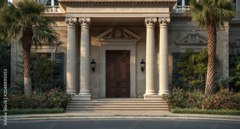 Obraz premium Elegant villa entrance featuring classic architecture with lush greenery and copy space for text overlay