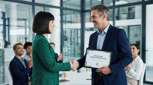 An older man and a younger woman are celebrating a promotion. They are shaking hands and exchanging a certificate.