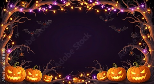 Halloween decorations frame jack o' lanterns bats spiders and string lights