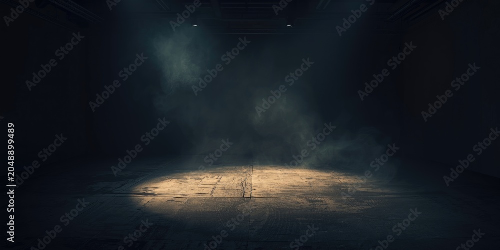 Fototapeta premium Minimalist dark studio room with rough concrete flooring fog effects and focused spotlights
