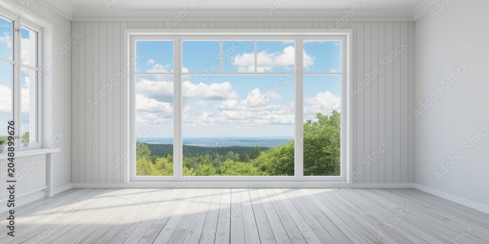 Fototapeta premium Scandinavian inspired empty white room with panoramic summer landscape visible through window