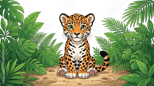Photography PrintCute baby jaguar vector illustration sitting in a tropical jungle forest wi