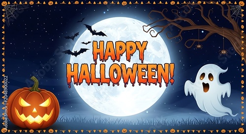 Happy halloween illustration jack o' lantern ghost and full moon night scene
