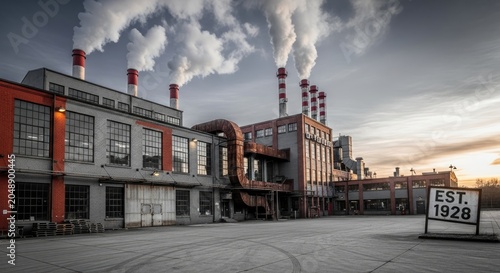An industrial factory with red and white chimneys emitting smoke, surrounded by a concrete courtyard