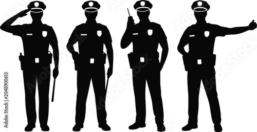 Bild auf Leinwand Stylized police officer silhouette vector illustration featuring saluting, radio