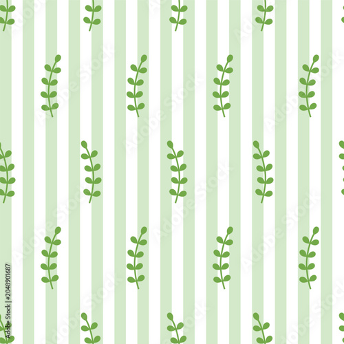 Seamless pattern in green stripes with branch