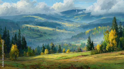 Serene Misty Valley with Rolling Hills and Colorful Autumn Trees Landscape