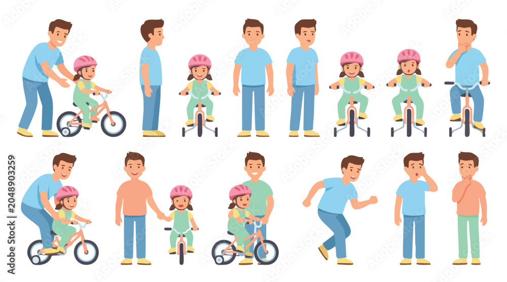 Fototapeta premium Father Teaching Daughter Bicycle Riding Fun Family Activity.
