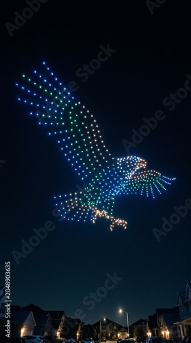 Colorful LED drone light show creating an eagle shape in the night sky