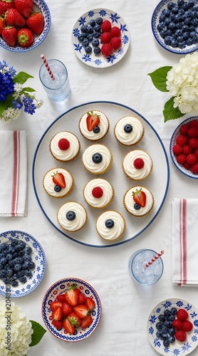 Cupcakes with white frosting and berries for summer party celebration. Flat lay of patriotic red, white and blue dessert table for holiday picnic.