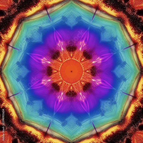 Vibrant psychedelic mandala with fiery edges and purple-blue center: meditative pattern for yoga, spiritual practices and visualization