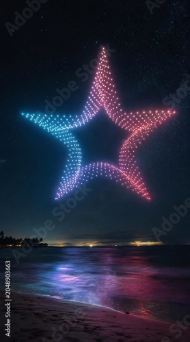 Drone light show forming a large star over a night beach and ocean