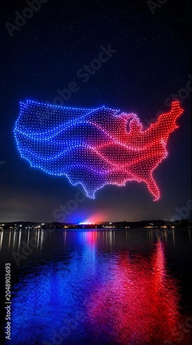 Drone light show forming USA map over water at night with red and blue reflections for Independence Day celebration